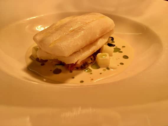 Grilled plaice, mussel sauce and parsley oil, by Lawrence Murphy