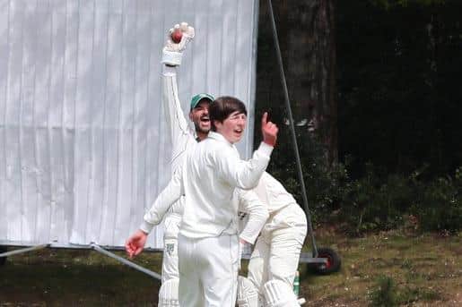 Sarisbury bowler Max Martin celebrates a wicket against Hambledon. Picture: Sam Stephenson