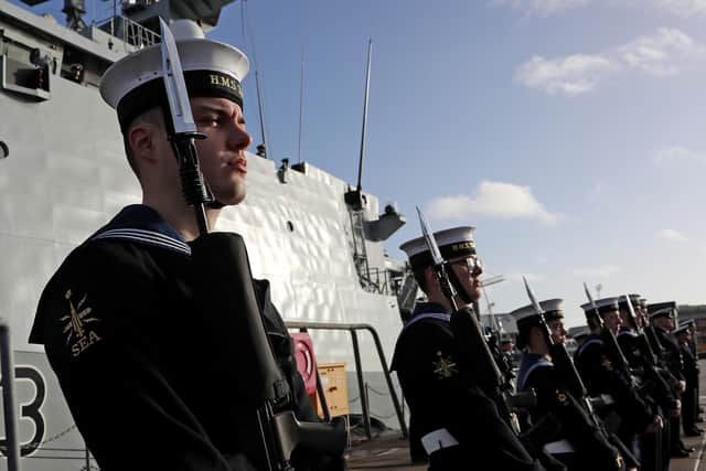 The Royal Navy has commissioned HMS Tamar into the fleet, making her ready for operations alongside her sisters in the Overseas Patrol Squadron.
Pictured are some of the ship's crew during the ceremony at Portsmouth Naval Base. Photo: Royal Navy