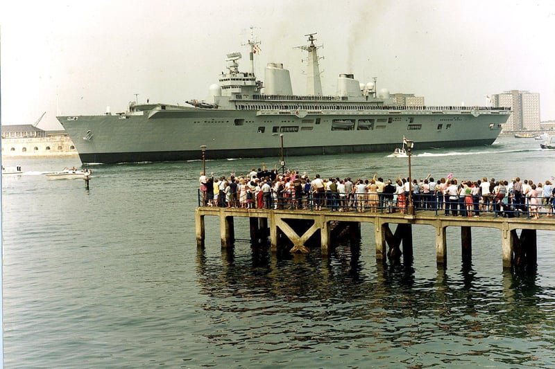 HMS Illustrious leaving after Falklands, 1st April 1982.