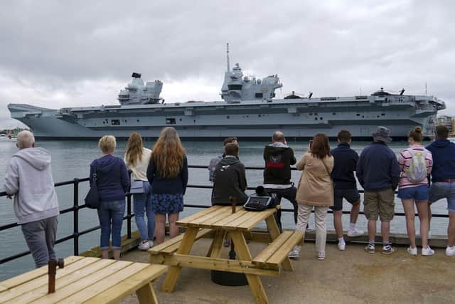HMS Prince of Wales aircraft carrier leaves the Naval Base in Portsmouth, Hampshire. Picture date: Sunday June 6, 2021. Picture: Steve Parsons/PA Wire