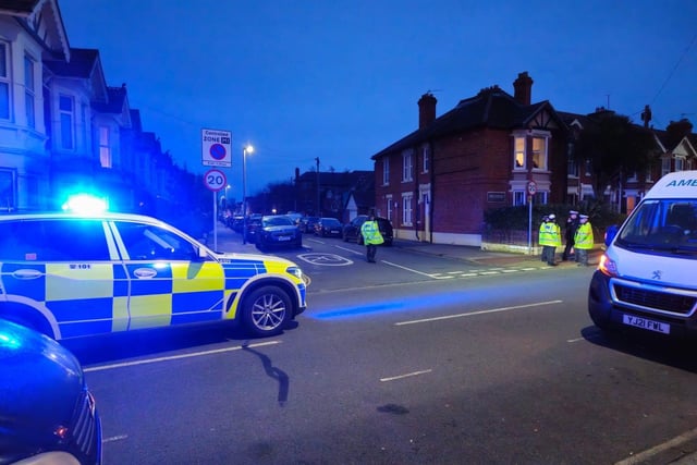 Winter Road crash scene in Southsea where a woman was injured