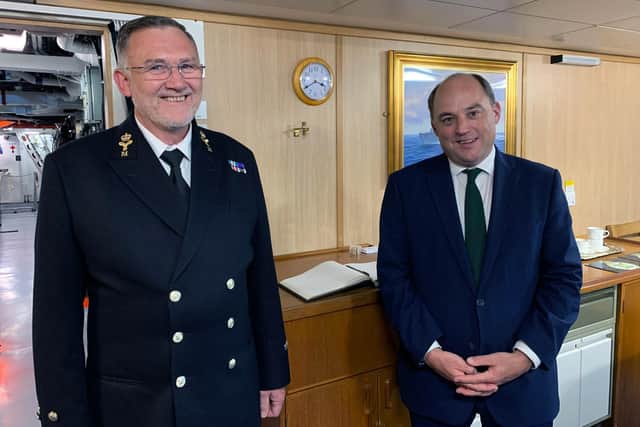 Alan ‘Sharkey’ Ward, left, pictured with defence secretary Ben Wallace as he was presented an award for spending 5,000 days at sea with the Royal Navy