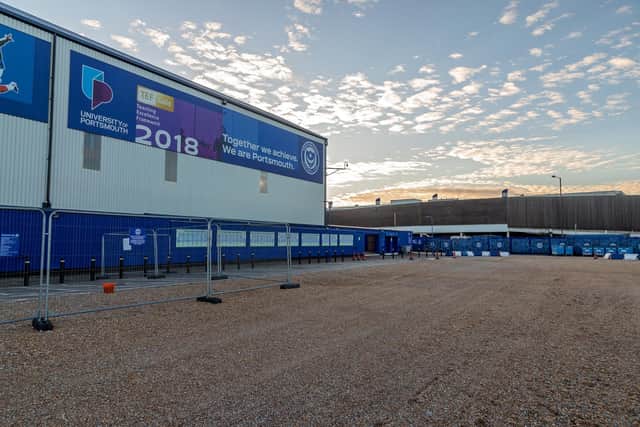 Pompey's North Stand would be expanded onto their car park, according to proposals. Picture: Mike Cooter.