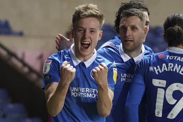 Harvey White celebrates scoring for Pompey against Oxford. Picture: Joe Pepler