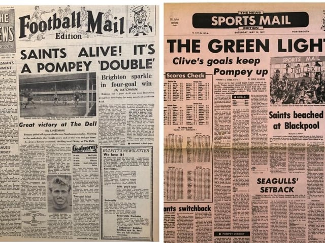 Left - Southampton 2 Pompey 3, Division 2, February 1964 - the last time Pompey completed a league double over their arch rivals. Right - Pompey 3 York City 1, Division 3, May 1977 - two goals from Clive Green help preserve Pompey's third tier status in what was Jimmy Dickinson's first home game as manager.