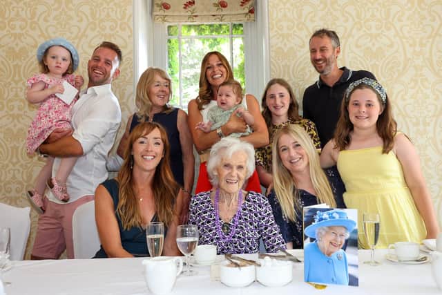 Edna Blott celebrated her 100th Birthday with all her family on Saturday afternoon at the Brookfield Hotel in Havant.Pictured - Edna Blott with her family, Donna Wood, Samantha Wood, Jonathan Wood, Geoffrey Prichard, Ella Prichard, Hannah Prichard, Isabella Scott, 14, Cindy Scott, 11, Holly Wood, 2 and Mimi Prichard, 5 months.Photos By Alex Shute