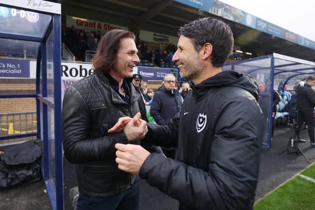 Pompey boss Danny Cowley, right, with Wycombe manager Gareth Ainsworth ahead of Sunday's game at Adams Park   Picture: Alex Morton/Getty Images