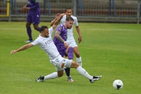 Josh Taylor in action for Hawks against Dartford in last season's National League South play-off semi-final. Photo by Dave Haines