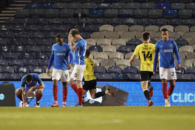 Pompey's players are down and out of the FA Cup following Saturday's 2-1 defeat to Harrogate Town. Picture: Jason Brown/ProSportsImages