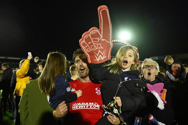 Kidderminster's Mark Carrington  celebrates following his side's FA Cup slaying of four tiers higher Reading. Photo by Clive Mason/Getty Images.