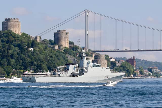 HMS Trent pictured returning to the Black Sea on Monday, June 28, just days after a clash between Russian forces and Portsmouth-based destroyer, HMS Defender. Photo: Yörük Işık