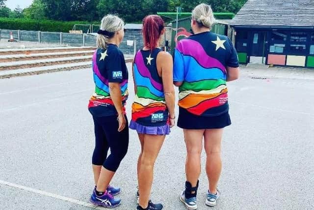 Members of Sarisbury Sparks netball team, based in Warsash, raised money for the NHS by holding a t-shirt design competition, which was won by Elysia Wilson. Pictured: Coaches Karen Watkins, Nikki Dunning and Alex Hughes wearing the winning design