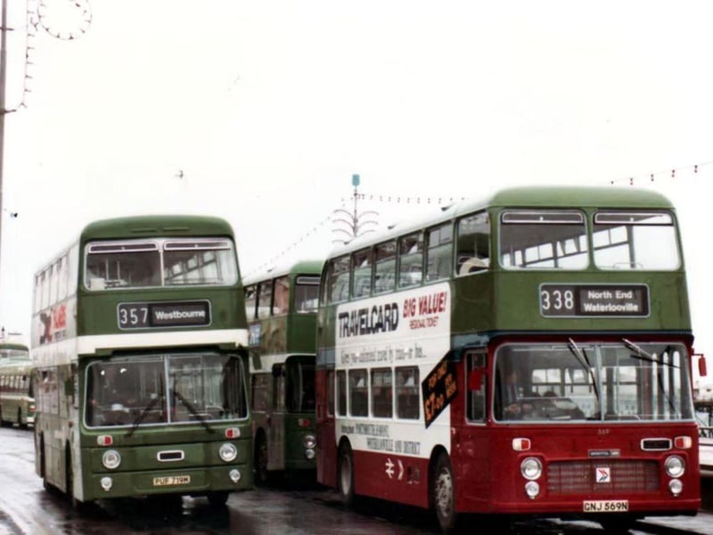 1970s/1980s approx - How does the saying go, you wait for one bus and then several arrive? These double-decker buses were pictured arriving at South Parade Pier.