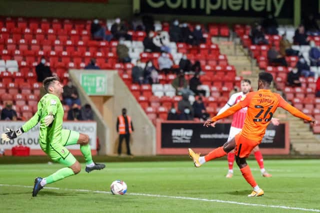 Jordy Hiwula netted Pompey's second goal in their victory over Cheltenham. Picture: Nigel Keene