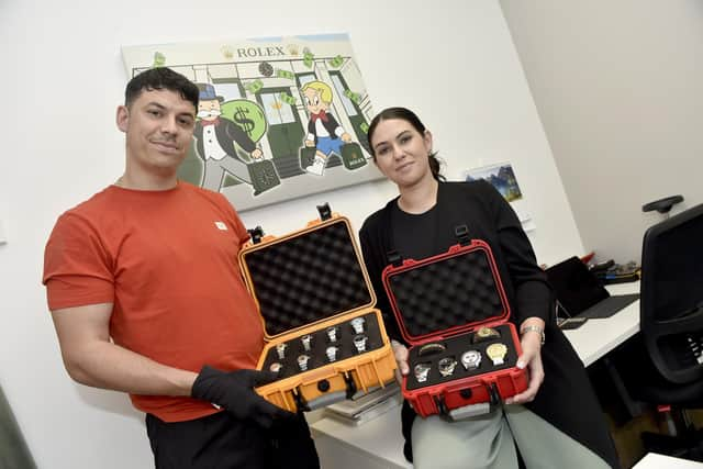 Lewis Hoile, 34, from Portsmouth, the owner of LH Watch Trade at 1000 Lakeside, pictured with his wife Sharna who is also a co-director.
Picture: Sarah Standing