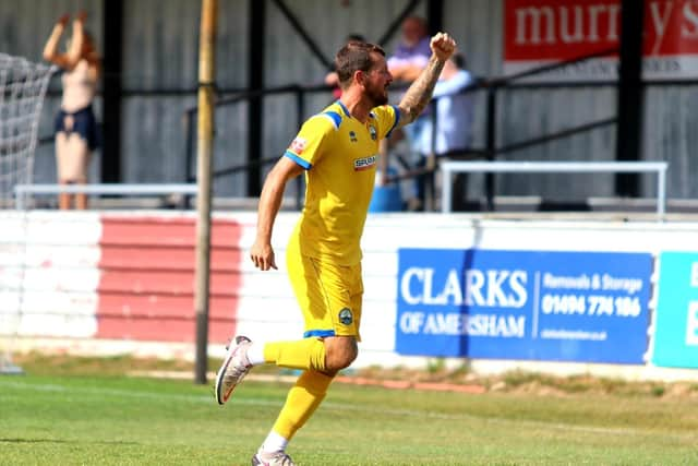 Dan Wooden has just put Gosport ahead at Chesham. Picture by Tom Phillips