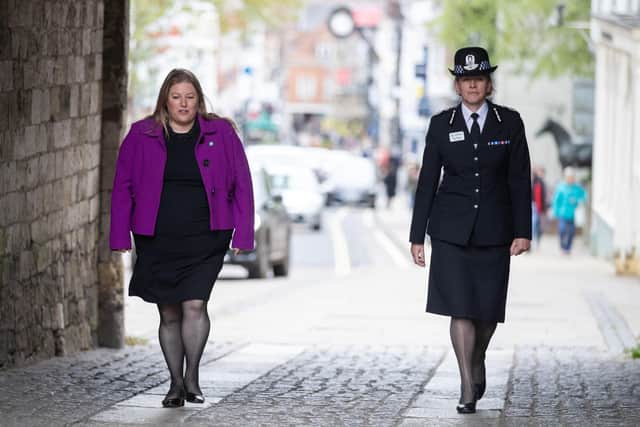 Police and Crime Commissioner for Hampshire Donna Jones (left) during a walkabout with Hampshire Police Chief Constable Olivia Pinkney in Winchester, Hampshire.
Pic Andrew Matthews/PA Wire