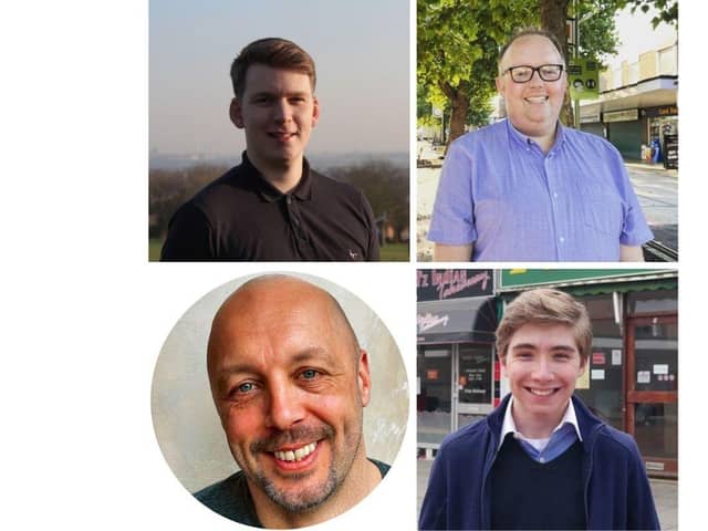 The candidates for the Portchester East by-election on October 20. Clockwise from top left, Dominic Martin of the Labour Party, Ciaran Urry-Tuttiett of the Liberal Democrats, Harry Davis of the Conservatives, and David Wiltshire of Fareham Independent Group