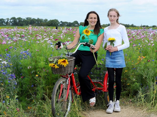 Sam's Sunflowers in Hayling Island, on Sunday, August 4, 2024.Pictured is: Donna Hutchins with her daughter Evie (12) from Chichester.Picture: Sarah Standing (040824-3949)
