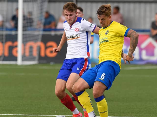 Harvey Rew, left, featured for Gosport Borough at Hawks on Saturday. Picture: Keith Woodland (310721-238)