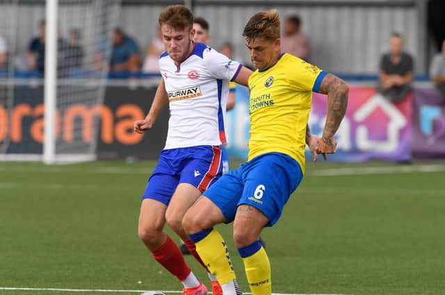 Harvey Rew, left, featured for Gosport Borough at Hawks on Saturday. Picture: Keith Woodland (310721-238)