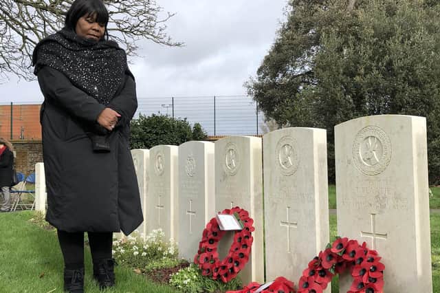 South Africa’s high commissioner, Nomatemba Tambo at the graves of the men of SS Mendi. Photo: Tom Cotterill