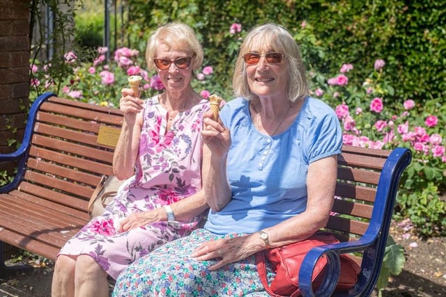 Elaine Morgan and Barbara Keefe enjoying an ice cream at the Rose Garden, Southsea