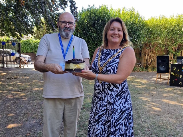 u3a Gosport Vice-Chair John Draper with Mayor of Gosport Cllr Kirsten Bradley & the 30th Birthday cake