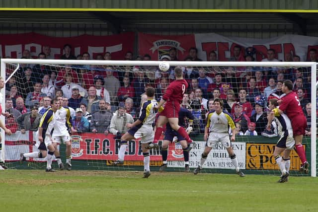 Hawks defend against Tamworth in the 2003 FA Trophy semi-final second leg. PICTURE: MICHAEL SCADDAN