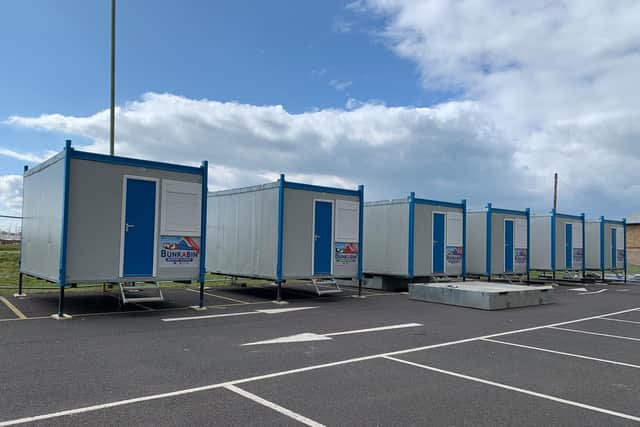 Self-contained temporary accommodation units in Walpole Park car park in Gosport. They were installed by Gosport Borough Council as the authority cannot place people in hotels during the coronavirus pandemic lockdown. Picture: Gosport Borough Council