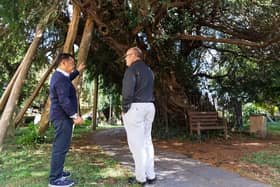 Alan Mak MP and Rev Nick Todd look at the ancient yew tree in St Mary's churchyard on Hayling Island