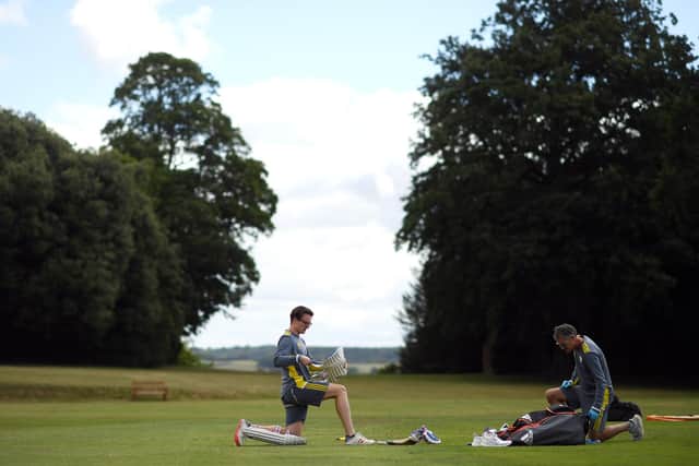 Aneurin Donald pads up during a Hampshire net session at Arundel last week. Photo by Alex Davidson/Getty Images.