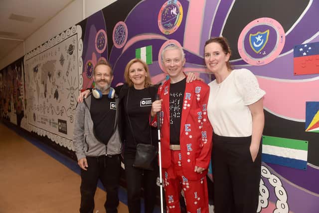 A 55ft multimedia map mural has been created in the basement of Portsmouth Guildhall for all the community to enjoy. 
Pictured is: (l-r) Steve Baker, director at The Good Company, Clair Martin, director of Seekers Create, Clarke Reynolds, blind braile artist and Helen Sanger, assistant headteacher at The Harbour School.