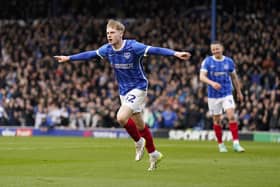 Paddy Lane celebrates after putting Pompey 2-0 up against Northampton. Picture: Jason Brown/ProSportsImages