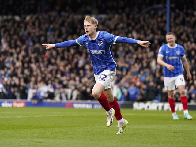 Paddy Lane celebrates after putting Pompey 2-0 up against Northampton. Picture: Jason Brown/ProSportsImages