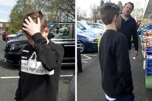 Gosport lad Charlie Baldwin, pictured left, was hauled in front of shop workers Asda by his furious dad Ben after a video of the youngster and another boy abusing staff went viral yesterday. Here he is pictured saying sorry to staff in a video shared online by his dad.