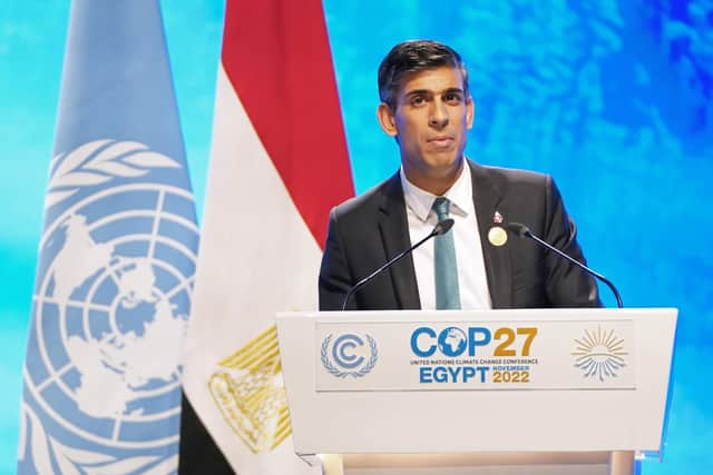 Prime Minister Rishi Sunak addresses delegates during the Cop27 summit at Sharm el-Sheikh, Egypt. Picture date: Monday November 7, 2022.