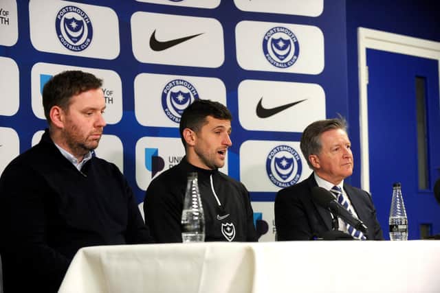New Pompey head coach John Mousinho, with sporting director Rich Hughes, left, and chief executive Andy Cullen. Picture: Sarah Standing (200123-4767)
