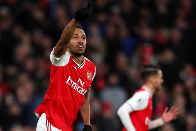 Pierre-Emerick Aubameyang celebrates scoring against Everton on Sunday.  Picture: Catherine Ivill/Getty Images