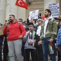 Anass Khalil speaking at the pro-Palestine protest in Guildhall Square, Portsmouth. Picture: David George