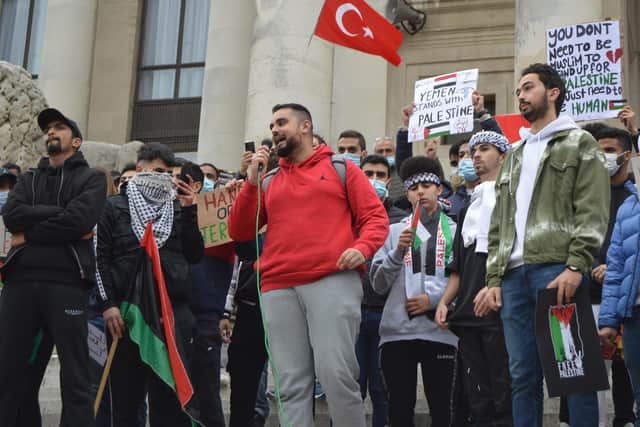 Anass Khalil speaking at the pro-Palestine protest in Guildhall Square, Portsmouth. Picture: David George