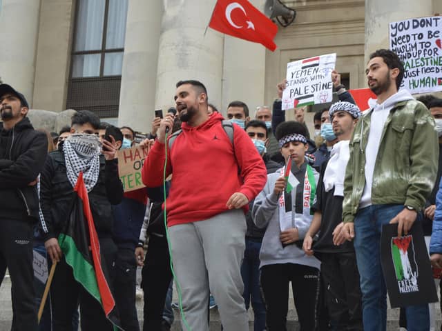 Anass Khalil speaking at the pro-Palestine protest in Guildhall Square, Portsmouth. Picture: David George