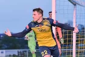 Kieran Roberts' celebrates his goal that took Moneyfields into the FA Trophy first round. Picture: Martyn White