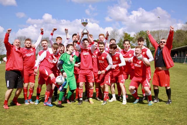 Stubbington Youth U18 celebrate winning the Mid Solent Youth League U18 Junior A Cup final in 2019. Picture: ANDREW GRIFFIN / AMG PICTURES.