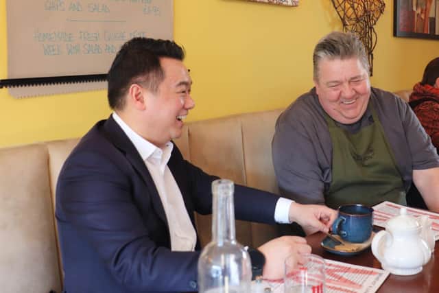 Alan Mak MP has lunch with Mike Berry, owner of Mike's Kitchen on Hayling Island