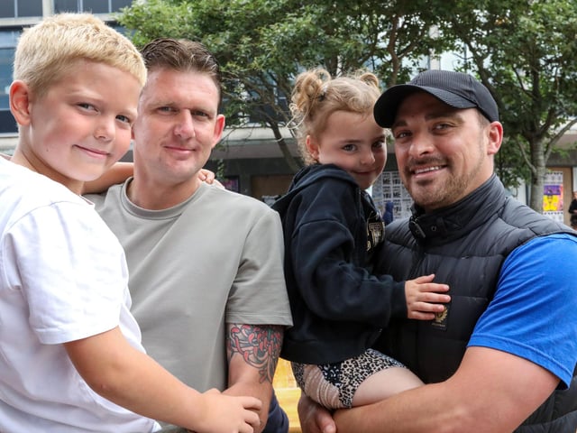 Matt Diffey, left, with Raymond, 8, and Dan Coomes with Olivia, 5. Southsea Food Festival on Palmerston, Clarendon and Osborne RoadsPicture: Chris  Moorhouse (200724-17)
