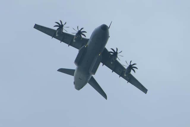 An RAF plane as spotted over Portsmouth and Gosport yesterday. The Ministry of Defence confirmed it was an RAF ATLAS A400 callsign COMET 458 aircraft. Picture: Alison Treacher.