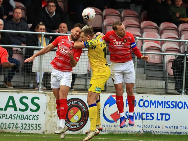 Danny Wright goes up for an aerial challenge. Picture by Dave Haines
