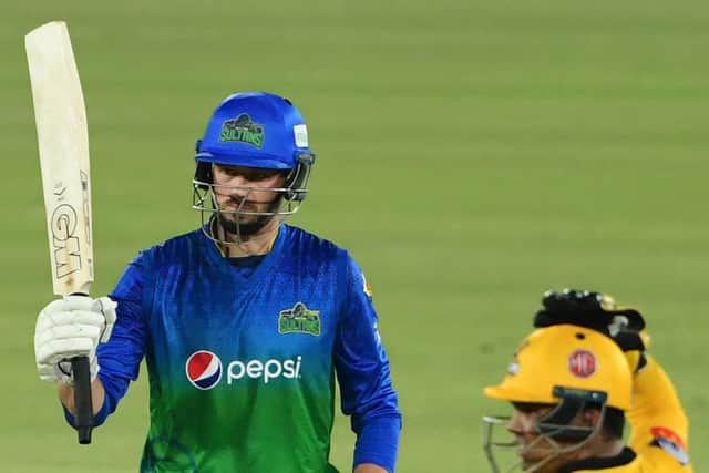 James Vince reaches his half-century while playing for Multan Sultans against Peshawar in the Pakistan Super League  in Karachi last month. Photo by ASIF HASSAN/AFP via Getty Images.
